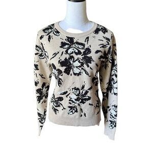 CYNTHIA ROWLEY Floral Pullover Crew Neck Sweater Cream and Black Womens XL